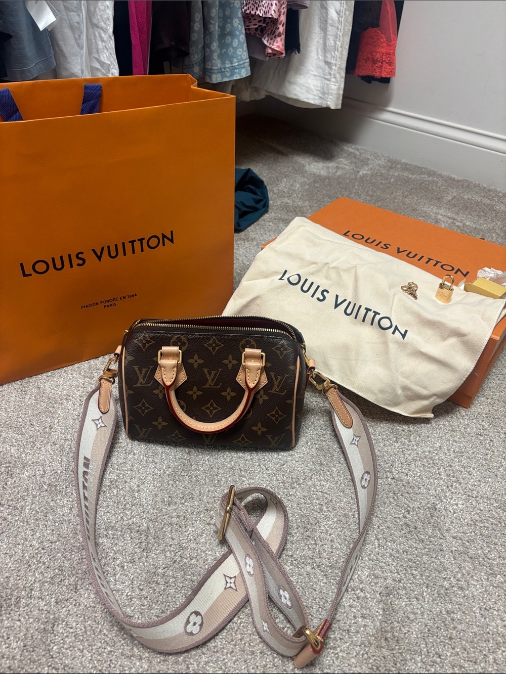 Louis Vuitton Speedy 20 Brown Monogram Mini Bag with Beige strap